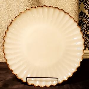Anchor Hocking Fire King 14" platter milk glass swirl band, gold trimmed